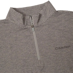 Calvin Klein quarter-zip pullover in grey fine stripe, with stand collar and silver zip detail, logo embroidered at chest