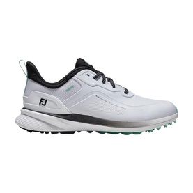 FootJoy men's golf shoe in white, black and teal with green spikes, FJ branding, and lace-up fastening on white sole