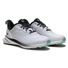 FootJoy men's golf shoes in white, black and teal, with spiked teal outsole and lace-up fastening, shown as a pair.