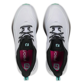 FootJoy Pro SL golf shoes in white, black and teal, overhead view showing lace-up design and branded insole detail