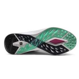 Footjoy golf shoe sole in white, black and teal, showing textured outsole with spike cleats and vibrant teal graphic detailing.