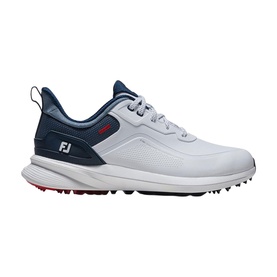 Footjoy men's golf shoe in white, navy blue and red, with spiked sole, mesh panels and FJ logo detail on side.