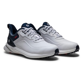 FootJoy men's golf shoes in white with navy blue accents and red detail, lace-up style, light grey sole with soft spikes