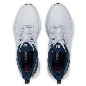 Footjoy men's golf shoes in white with navy blue accents, red branding detail, lace-up style, shown from above