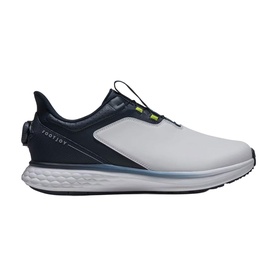 Footjoy men's golf shoes in white and navy blue, BOA lace system, lightweight white midsole, navy heel counter