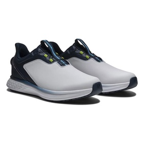 Footjoy men's golf shoes in white and navy blue, with lace-free closure, cushioned white midsole and lime green accent detail