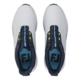 FootJoy men's golf shoes in white and navy blue, top-down view showing teal insoles, lime yellow accents, and FJ branding