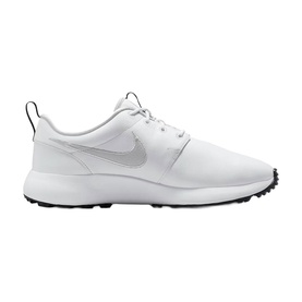 Nike Golf Roshe G men's golf shoe in white with silver swoosh, spikeless rubber sole, black outsole trim