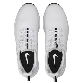 Nike Golf men's golf shoes in white, overhead view showing lace-up front, swoosh logo on insole, and black outsole