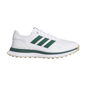 Adidas Golf spikeless golf shoe in white with collegiate green three-stripe detail and gum sole, men's style