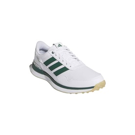 Adidas Golf men's golf shoe in white with collegiate green three-stripe detail, spikeless rubber sole, leather upper.