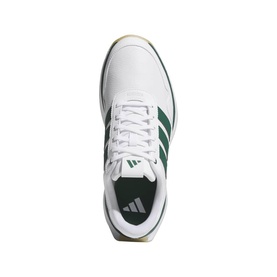 Adidas Golf men's golf shoe in white with collegiate green three-stripe detail, lace-up design, cream rubber sole, top-down view.