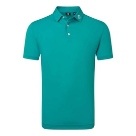 Footjoy Tile Blue polo shirt with two-button placket, ribbed collar, and short sleeves, shown flat on white background