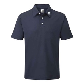FootJoy navy polo shirt with three-button placket, FJ logo collar badge, and short sleeves