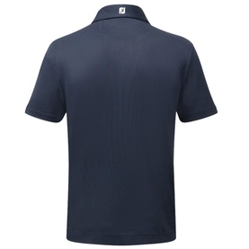 Footjoy navy polo shirt, rear view, short sleeves, ribbed collar, logo tab at back neck
