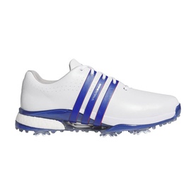 Adidas Golf Tour360 men's golf shoe in white and royal blue, three-stripe detail, spiked rubber sole