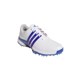 Adidas Golf men's golf shoe in white with royal blue stripes, spiked rubber sole, lace-up fastening, side profile view