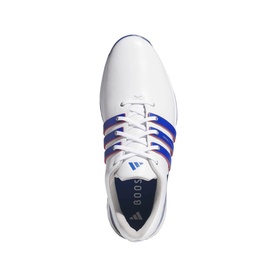 Adidas Golf men's golf shoe in white with royal blue three-stripe detailing, white laces, top-down view showing traction sole