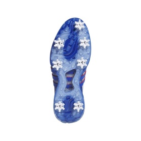 Adidas Golf shoe sole in Royal Blue with star-shaped cleats and multicolour heel detail, mens golf shoe outsole view.