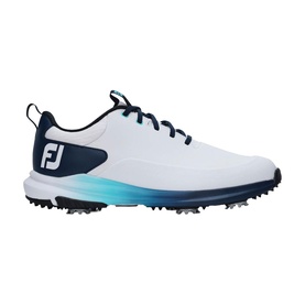 Footjoy Men's Golf Shoes in white and navy blue, synthetic upper, spiked outsole, FJ logo on heel counter