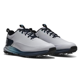 FootJoy men's golf shoes in white and navy blue, with spiked outsole, navy laces and ombre blue heel detail