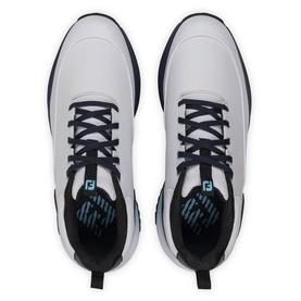 FootJoy men's golf shoes in white and navy blue, lace-up style with blue insole detail, viewed from above