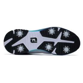 Footjoy men's golf shoe sole in white, navy and blue with removable metal spikes and moulded traction pattern.