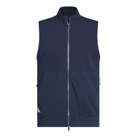 Adidas Golf gilet in Collegiate Navy, full-zip with stand collar, contrast panelling and small logo detail at hem.