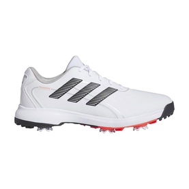 Adidas white golf shoe with black three stripes, red spiked outsole, and lace-up fastening on clean white background.