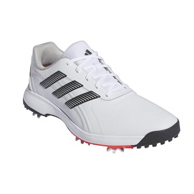 Adidas white leather golf shoe with black Three Stripes, lace-up fastening, and red spiked outsole