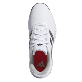 Adidas white golf shoe, overhead view showing dark grey three-stripe detail, lace-up fastening and red heel lining.