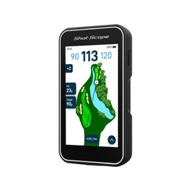 Shot Scope handheld GPS golf device in black, displaying aerial course hole view with yardage data on colour touchscreen.