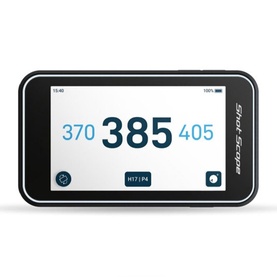 Shot Scope GPS golf device in black, displaying yardage distances on a wide touchscreen, compact handheld design