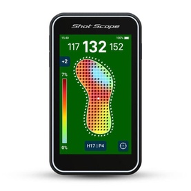 Shot Scope GPS golf device displaying a colour-coded shot dispersion map with yardage data on a vivid touchscreen, in black casing.