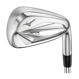 Mizuno JPX Hot Metal golf iron, silver chrome finish, wide sole and hollow body construction visible against white background