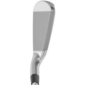 Silver golf iron club head with grooved face, shown in profile against white background, with grey shaft grip visible