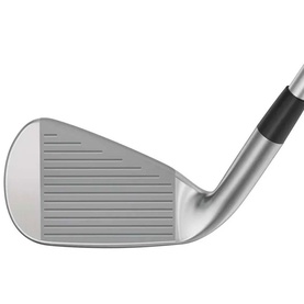 Polished silver golf iron head with milled face grooves and black grip shaft, angled profile view