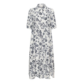 Kaffe midi shirt dress in Chalk Midnight Flower, white with navy floral print, short sleeves and button-front placket