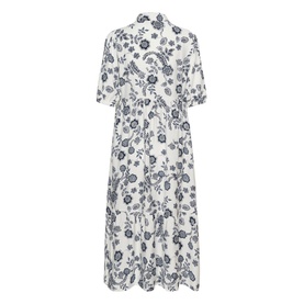 Kaffe midi dress in Chalk Midnight Flower, white with navy floral print, short sleeves, button front, and full skirt.