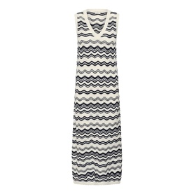 Kaffe sleeveless midi dress in Chalk and Midnight wavy stripe knit, V-neckline, fitted silhouette