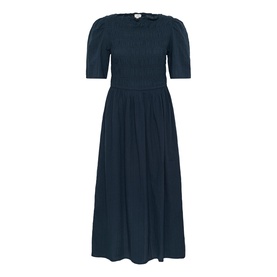 Kaffe midi dress in Midnight Marine, short puff sleeves, smocked bodice, and full gathered skirt