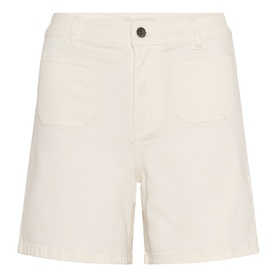 Kaffe chalk white denim shorts with patch pockets, button fastening, and mid-rise waist, flat lay view
