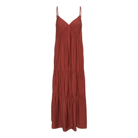 Kaffe henna maxi dress with V-neckline, thin straps, and tiered skirt in terracotta-red woven fabric