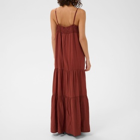 Model wearing Kaffe henna maxi dress, rear view, lace trim neckline, thin straps, tiered skirt silhouette