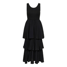 Kaffe black deep sleeveless midi dress with scoop neckline and three-tier ruffle skirt, flat product shot