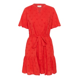 Kaffe Poppy Red mini dress with tonal polka dot texture, flutter sleeves, V-neckline, tie waist, and tiered ruffle hem