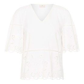 Kaffe chalk white broderie anglaise top with V-neckline, flared sleeves and scalloped hem detail
