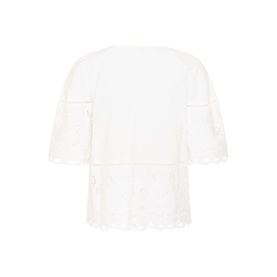 Kaffe chalk white broderie anglaise top with flared sleeves, scalloped hem, and sheer lace panel detail
