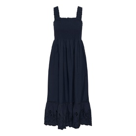 Kaffe Midnight Marine midi dress with smocked bodice, wide straps, gathered skirt and broderie anglaise hem trim