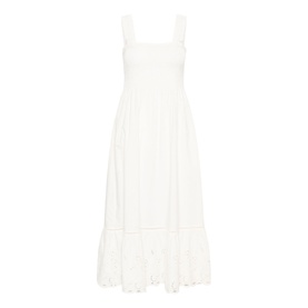 Kaffe chalk white midi dress with square neckline, smocked bodice, wide straps, and broderie anglaise hem trim